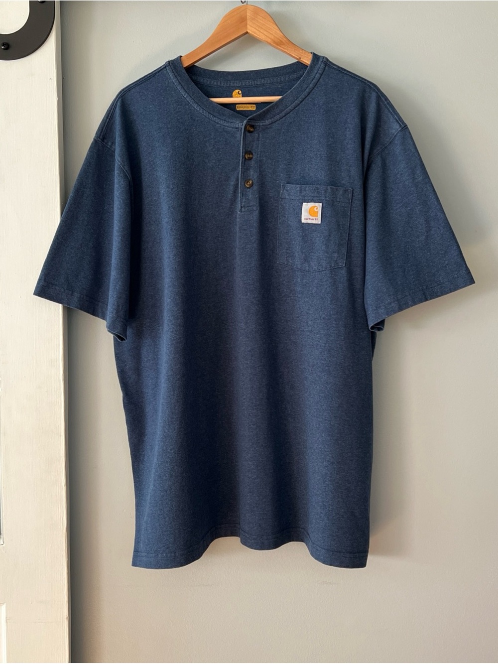 Carhartt Henley T-Shirt Short Sleeve Pocket Men's 2XL K84 Blue Workwear Grunge
